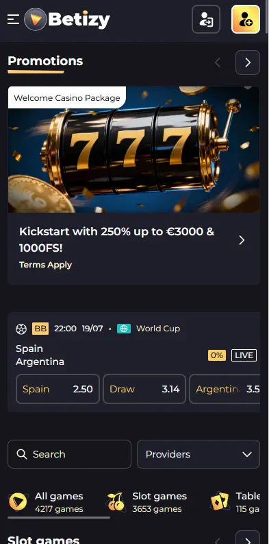 Betizy mobile Ansicht Betizy Casino in der mobilen Browseransicht