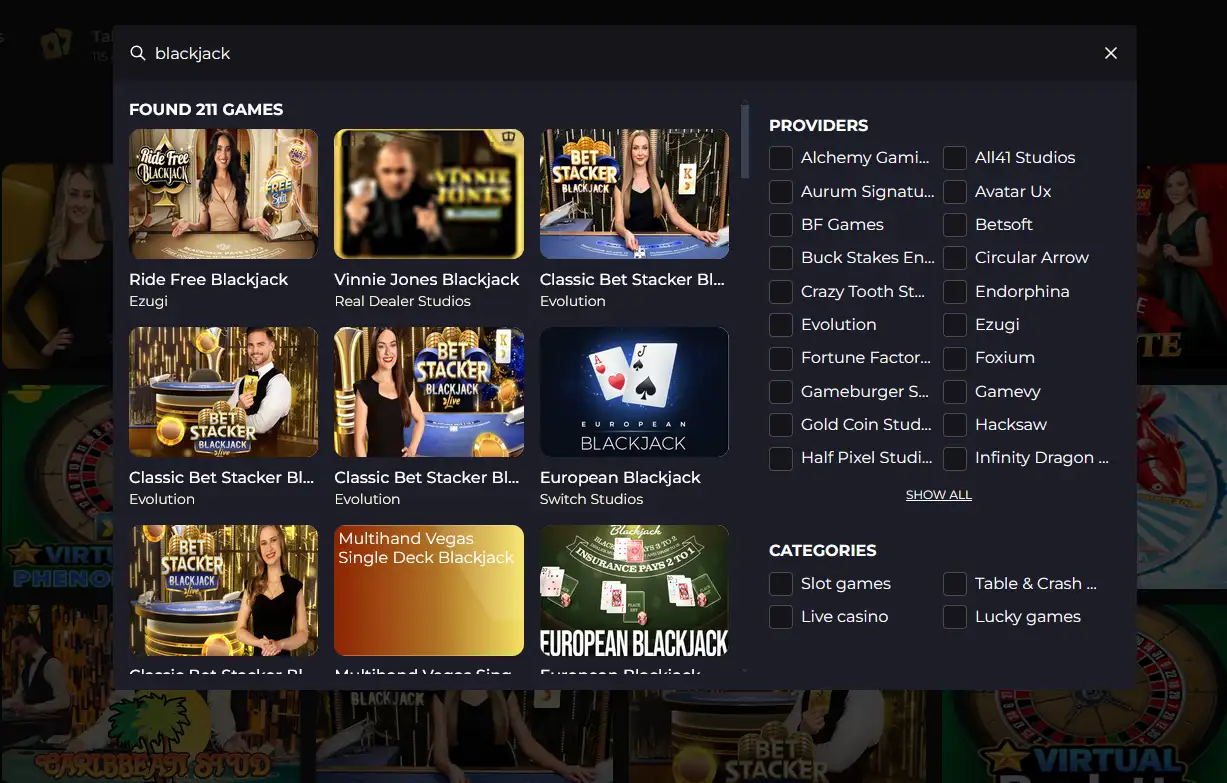 Live-Blackjack-Tisch im Betizy Casino