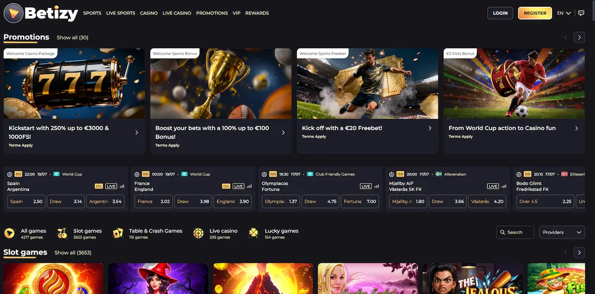Betizy Casino Lobby mit Slots und Live-Tischen