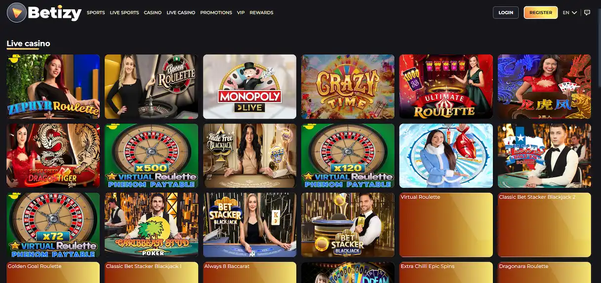 Live-Casino-Tische bei Betizy mit echten Dealern