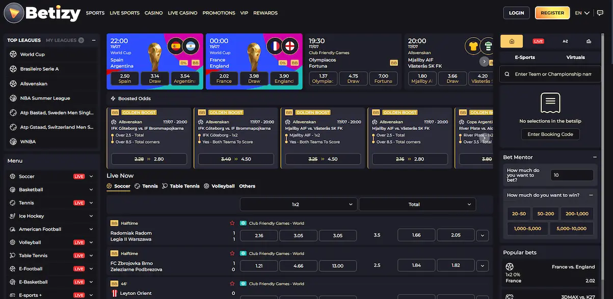 Sportwetten-Sektion von Betizy mit Live-Quoten